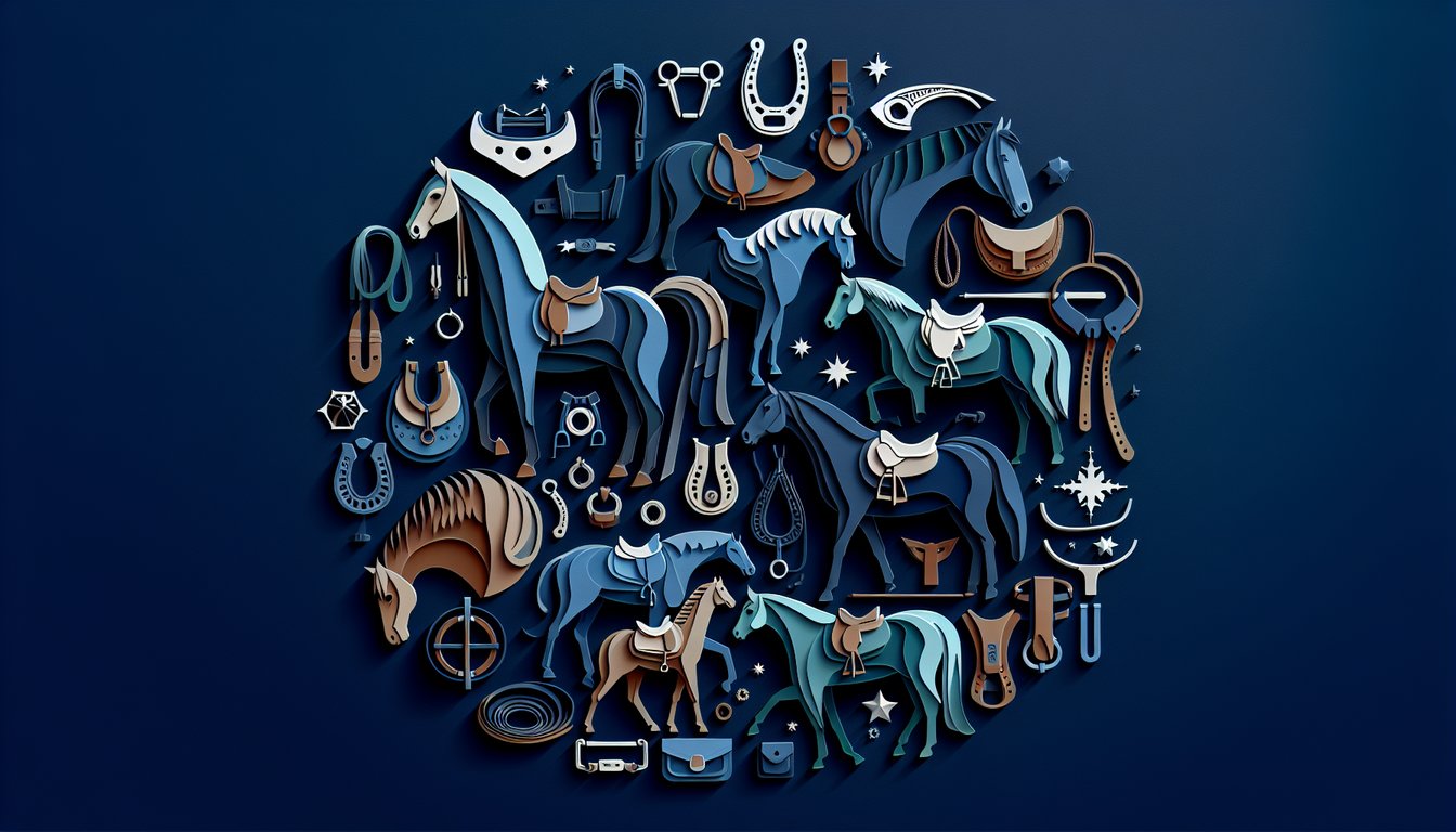 Paper art illustration of horse bit, saddle parts, markings, and breeds icons on dark blue background for equine quiz