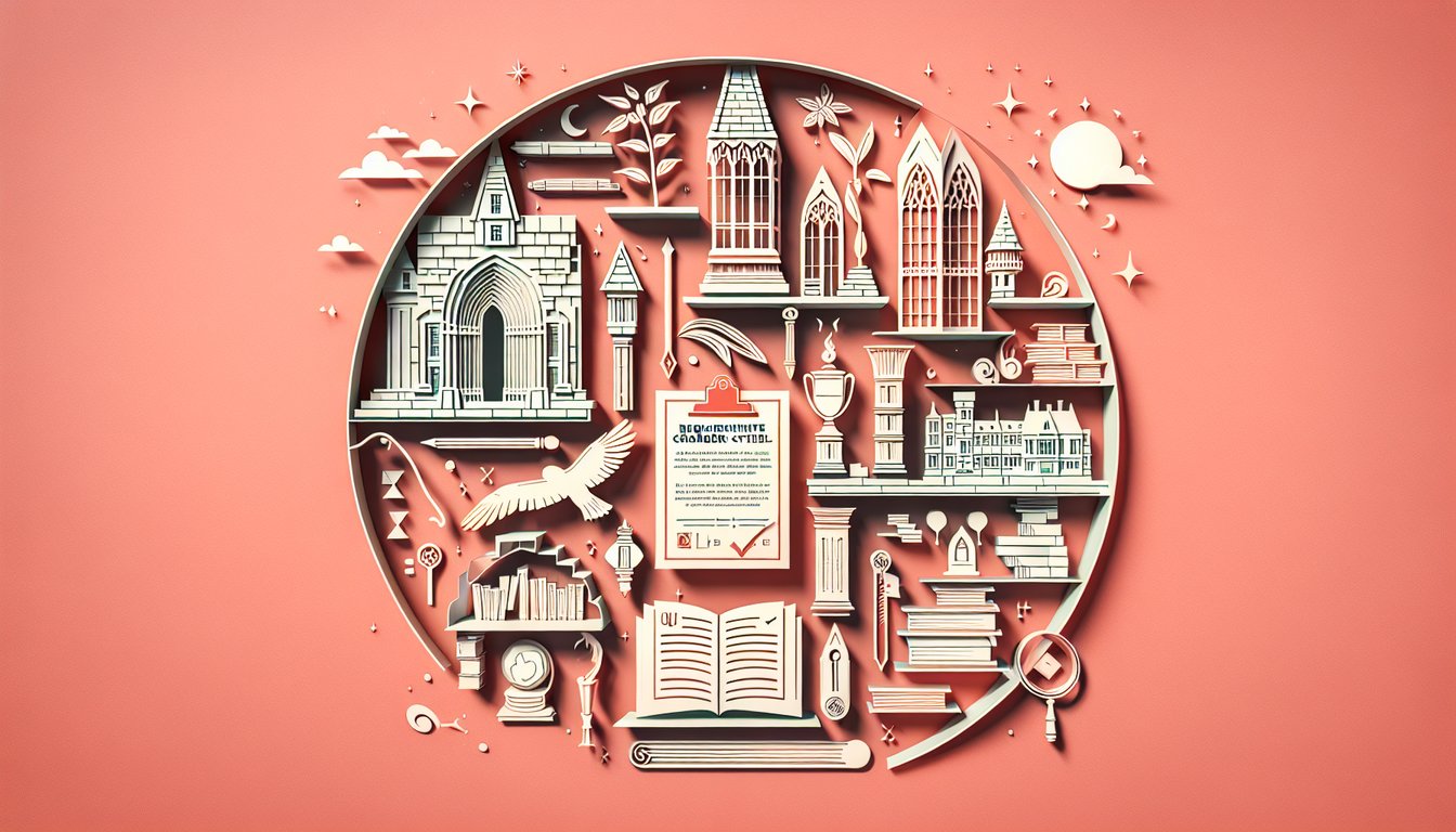 Paper art illustration of hidden Hogwarts doors books wands on coral background for Harry Potter Room of Requirement quiz