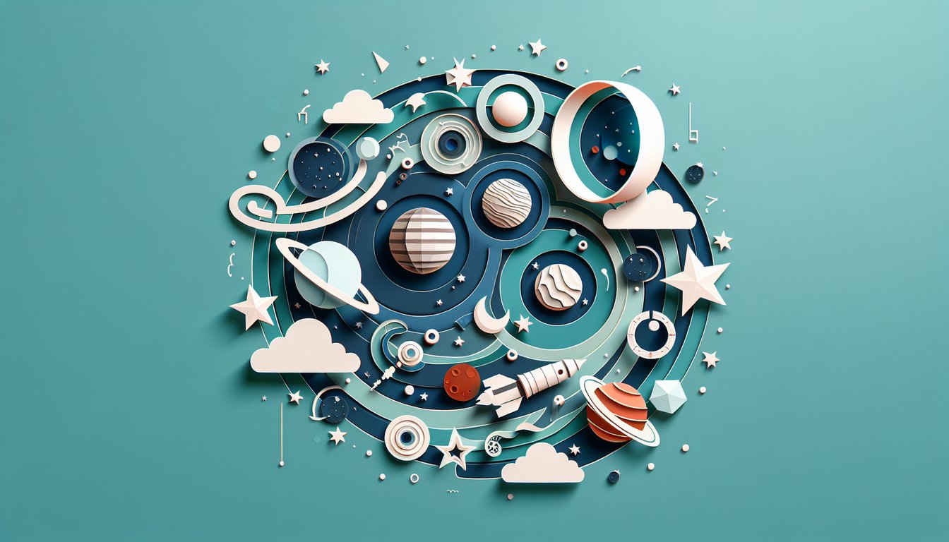 Paper art planets rings stars and comets floating on teal background for personality quiz