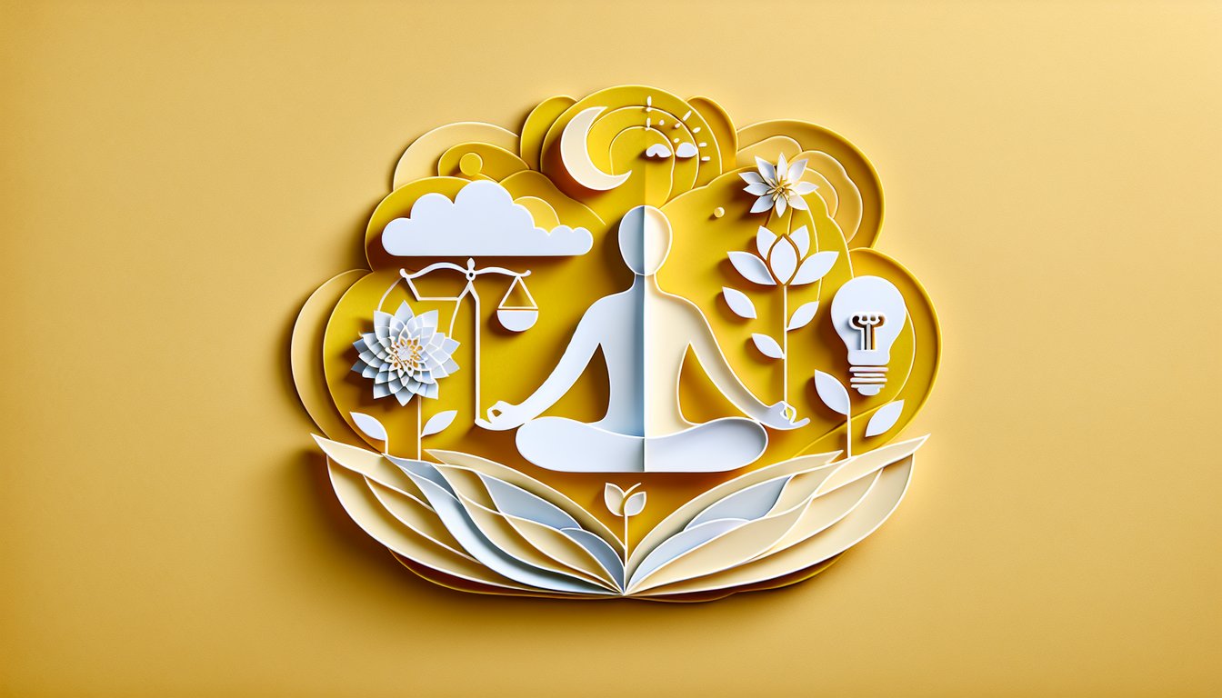Paper art cutout figure with head bowed on golden yellow background representing mental well being self harm quiz