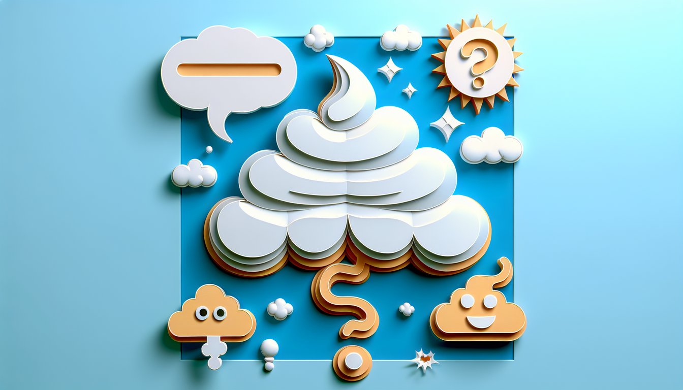 Paper art illustration of a smiling cloud emitting playful stinky gas waves over quiz text on a sky blue background