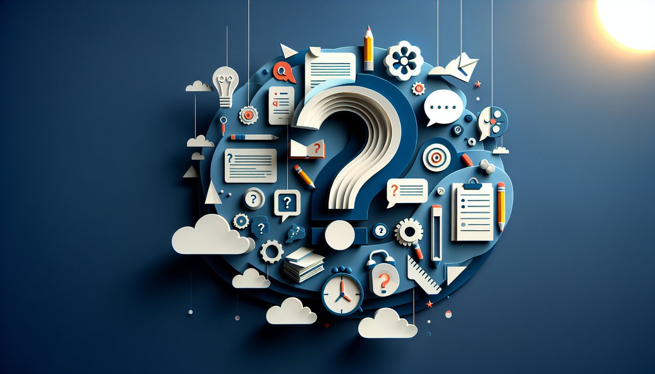 Paper art quiz title Challenge yourself with this free Question Tags Quiz on dark blue background with colorful paper shapes