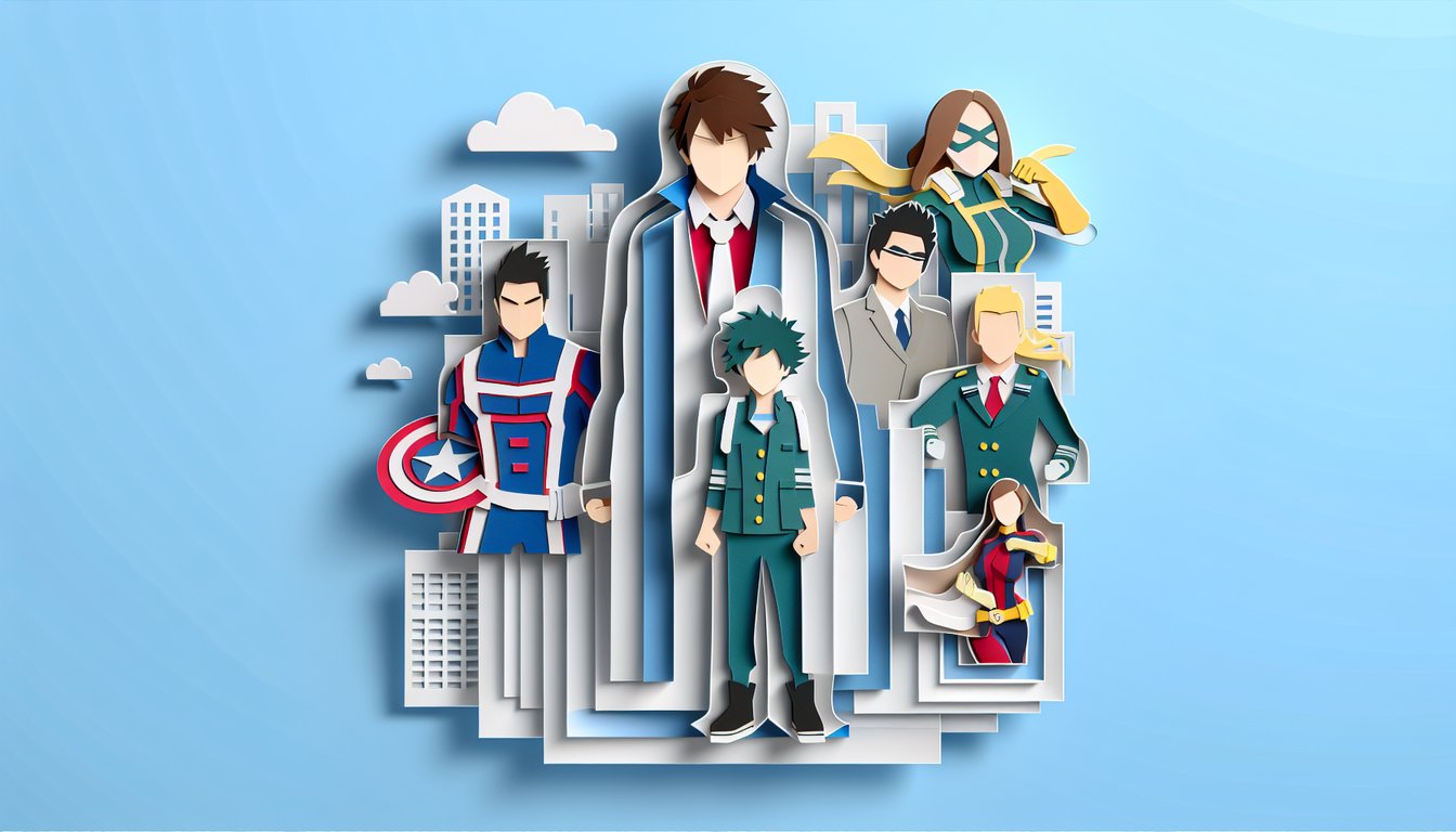 Paper art illustration for My Hero Academia character quiz on a sky blue background