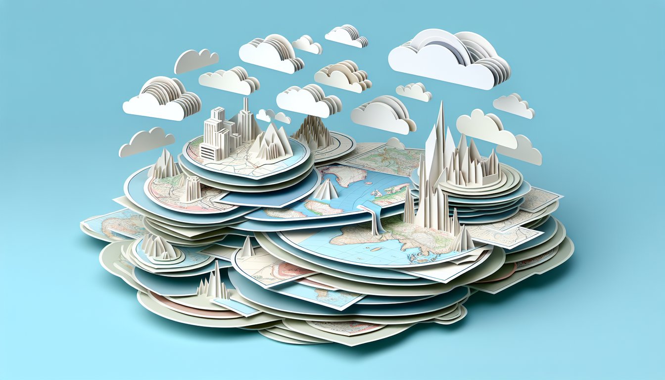 Paper cutout world map compass magnifying glass and location pin on sky blue background quiz theme
