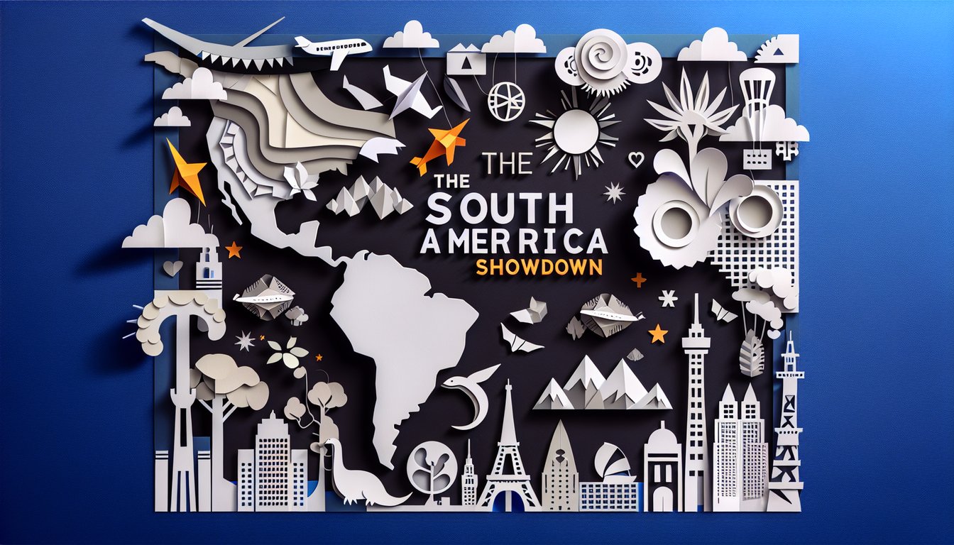 Paper art promoting South America Showdown quiz for high school students.