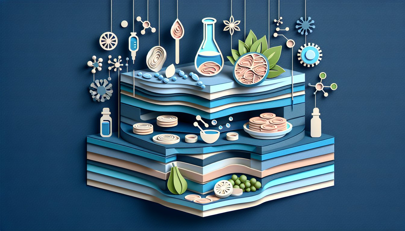 Paper art illustration showing skin layers and nutrients for a skin structure and nutrition quiz on dark blue background.