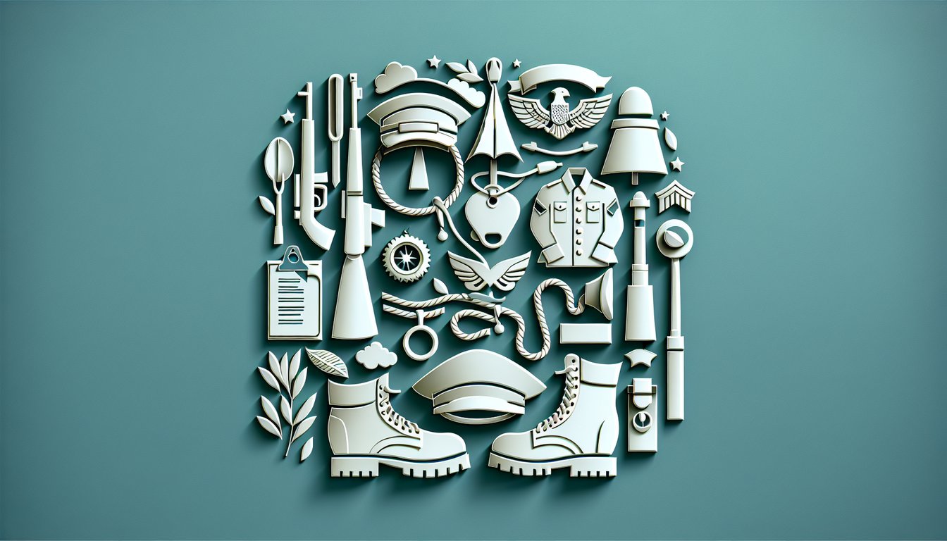 Paper art illustration of Army Cadet Force quiz icons on teal background, cadet history and traditions trivia