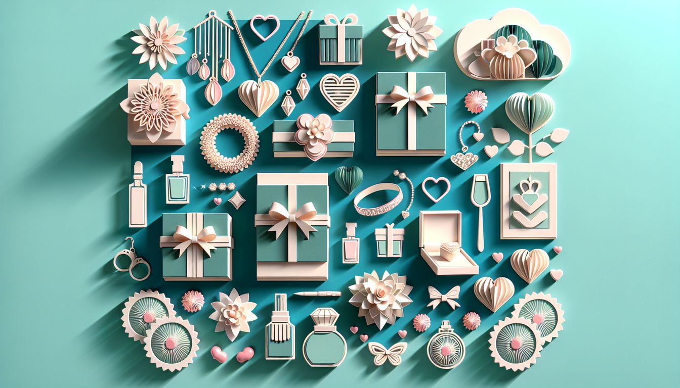 Paper art illustration of gift boxes hearts and notes on teal background for quiz revealing ideal girlfriend gifts