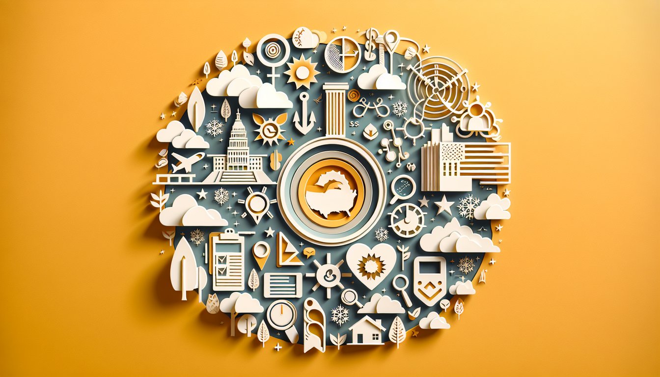 Paper art illustration for a quiz about finding your perfect US state based on climate, culture, career on a golden yellow background.