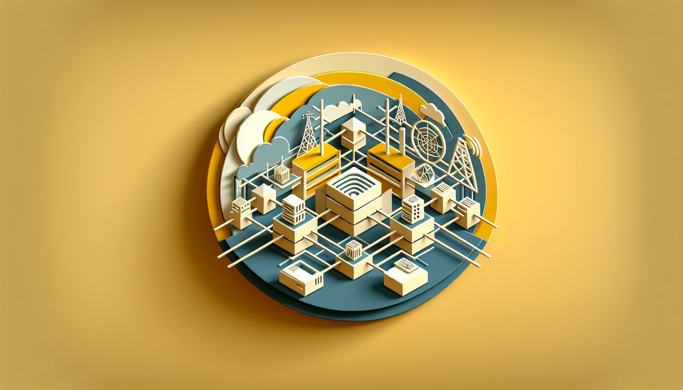 paper art illustration LAN switches in spanning tree topology for CCNA quiz on golden yellow background