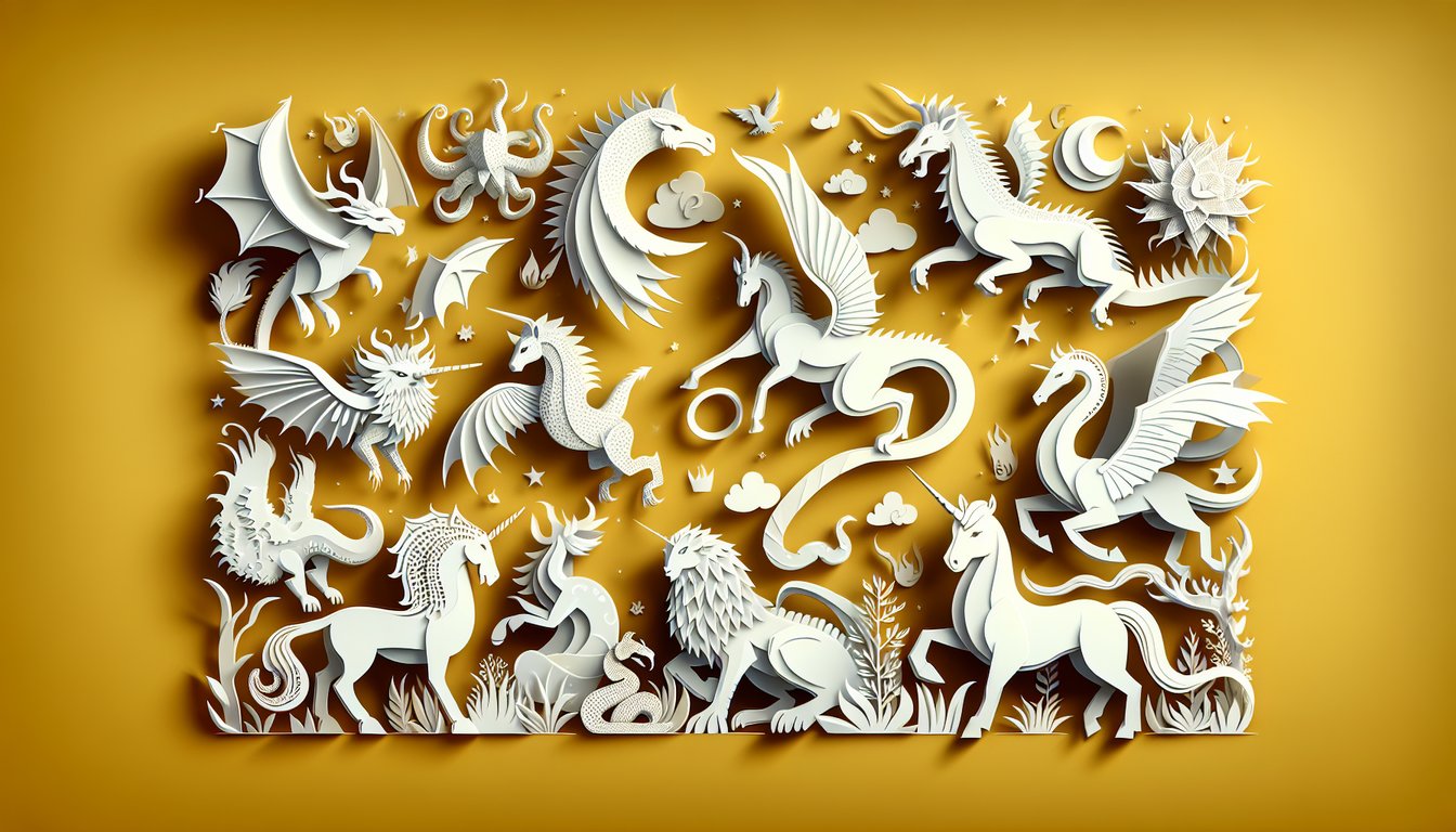 Paper art illustration showing dragon unicorn phoenix griffin silhouettes on golden yellow background for personality quiz