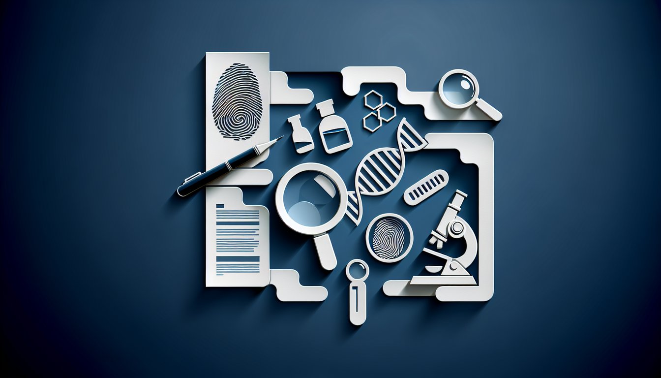 Paper art illustration of forensic tools microscope fingerprint magnifying glass crime scene tape on dark blue background