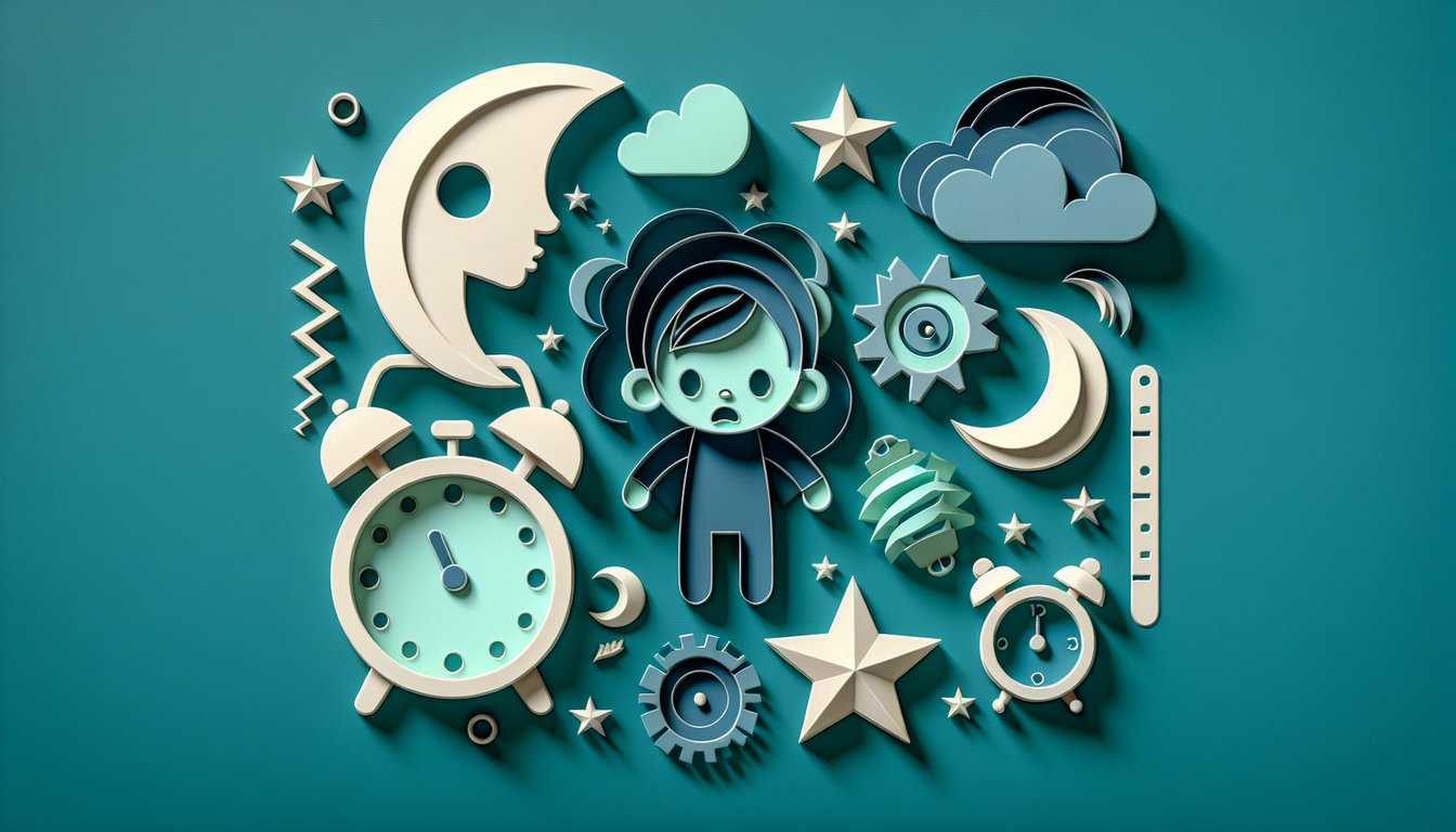 Paper cut illustration of child tossing in bed with question marks and quiz icons on teal background.