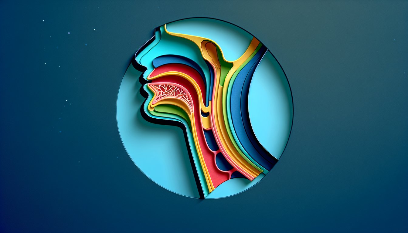 Paper art pharynx anatomy illustration with labeled nasopharynx oropharynx laryngopharynx on dark blue background for quiz