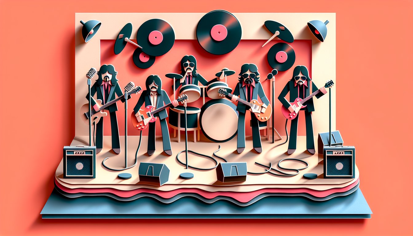Paper art illustration for Kiss trivia quiz on a coral background