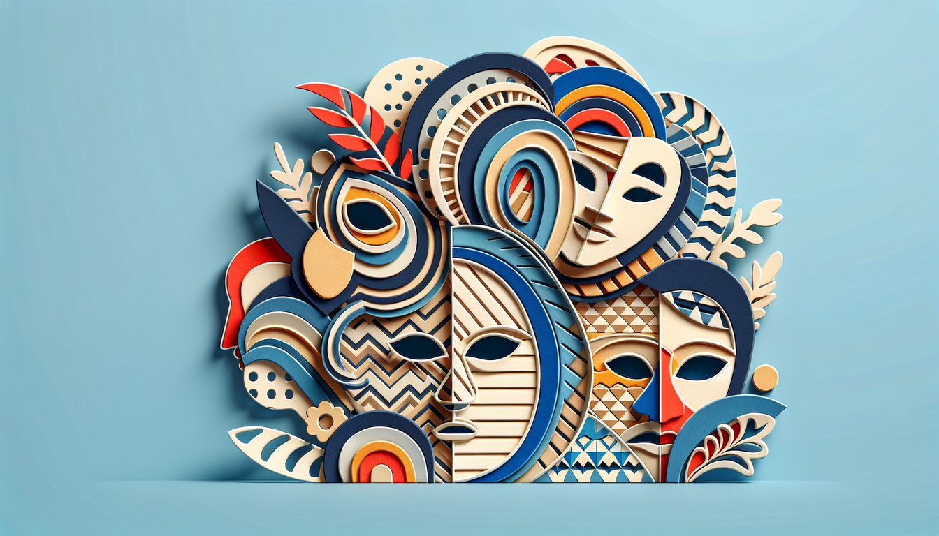 Paper art illustration stylized Donnie Darko quiz characters on sky blue background.