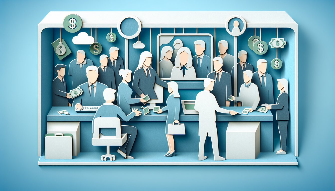 Paper art bank teller quiz scene with currency coins checklist pen and test icons on sky blue background