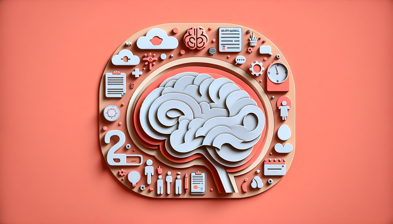 Paper art illustration for a psychology quiz on major depressive disorder symptoms and DSM-5 terms on a coral background