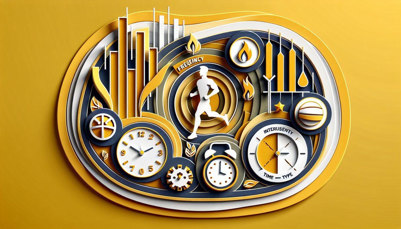 paper art fitness quiz scene with stopwatch, dumbbell, heart, running shoe icons on golden yellow background