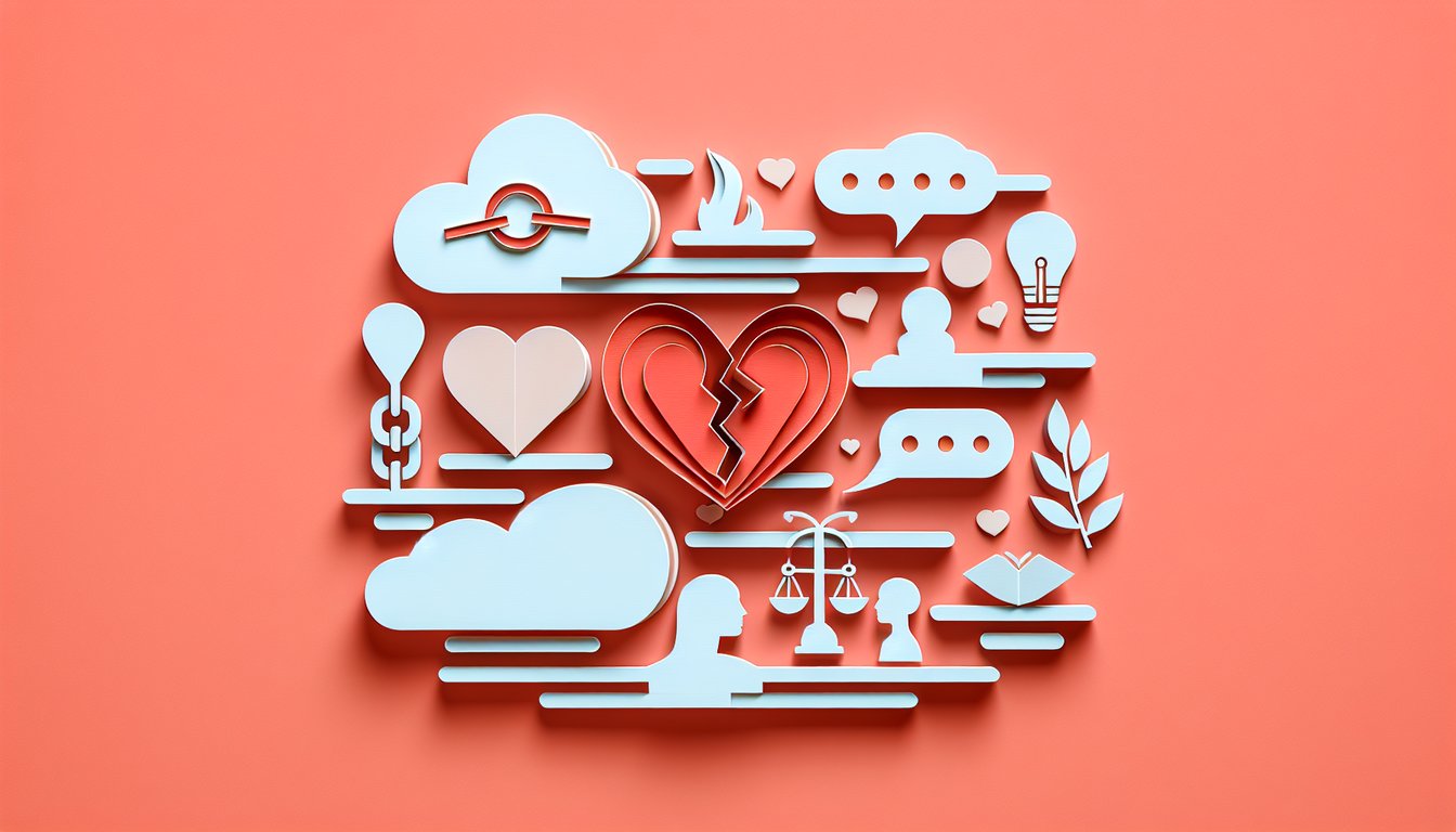 Paper cut style frustrated couple with speech bubbles and quiz form on coral background