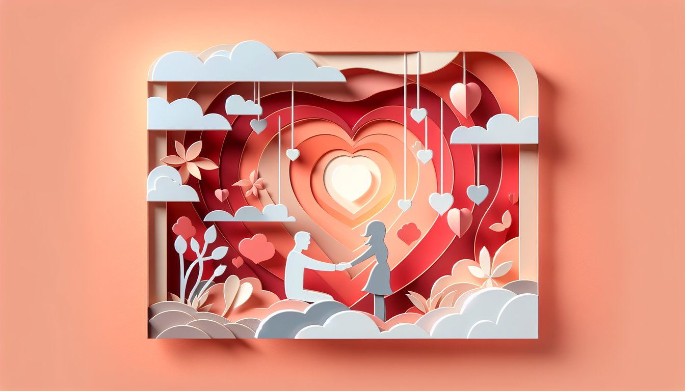 Paper art illustration for a quiz testing the strength of a wifes love on a coral background.