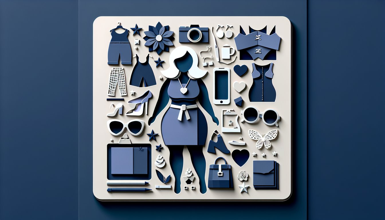 Paper art illustration for plus size style quiz with top styling tips on dark blue background