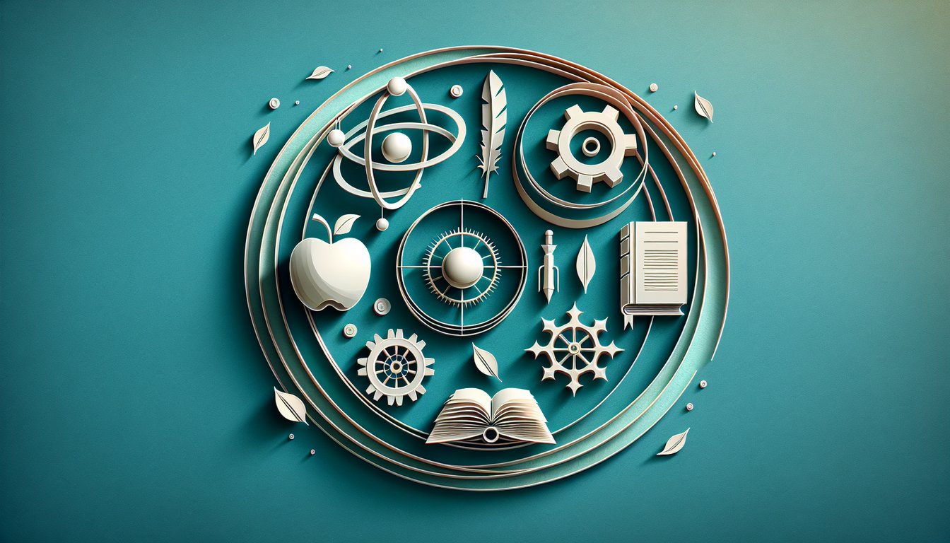 Paper art illustration for Revolution and Enlightenment quiz featuring quill pen apple gears and French flag on teal background