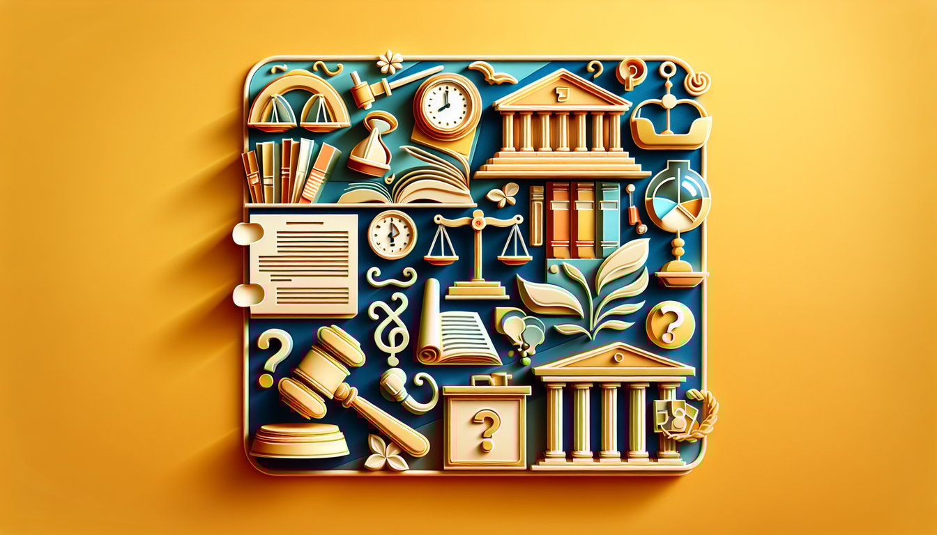 Paper cut style gavel scale of justice law books badge icons on golden yellow background for law and order trivia quiz