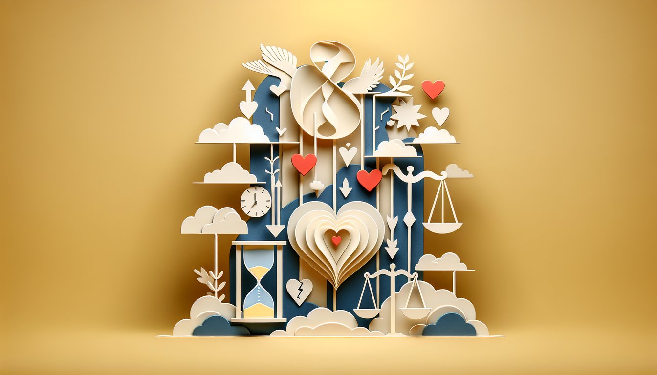 Paper art illustration for relationship uncertainty quiz on a golden yellow background.