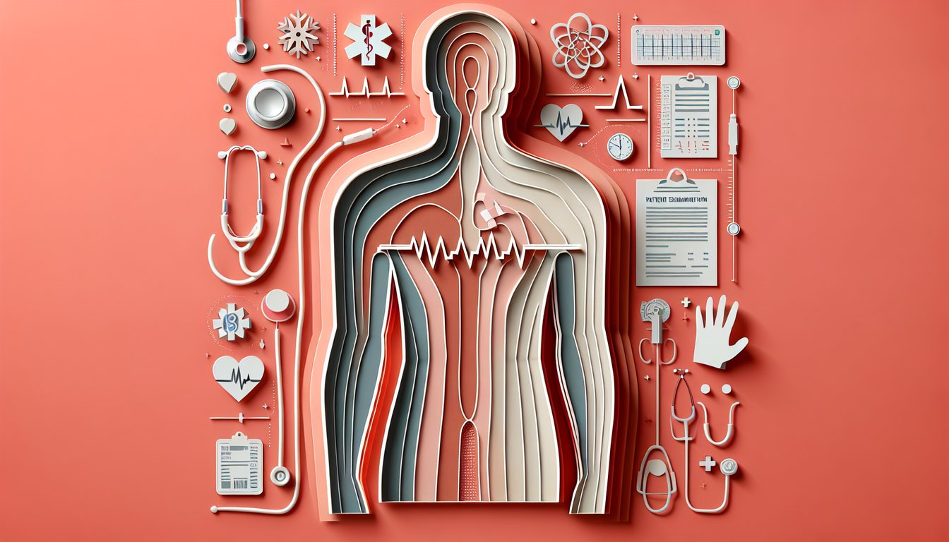 Paper art heart with ECG leads and clipboard on coral background representing 12 lead ECG practice quiz for EMT training.