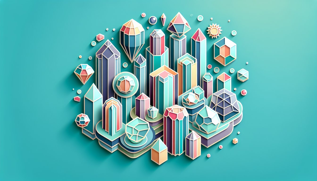 Paper art crystals minerals on teal background for free interactive quiz on mineral properties and crystal systems