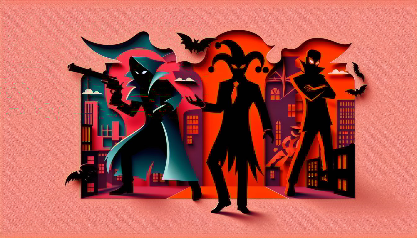 Paper art illustration for villain personality quiz on a coral background
