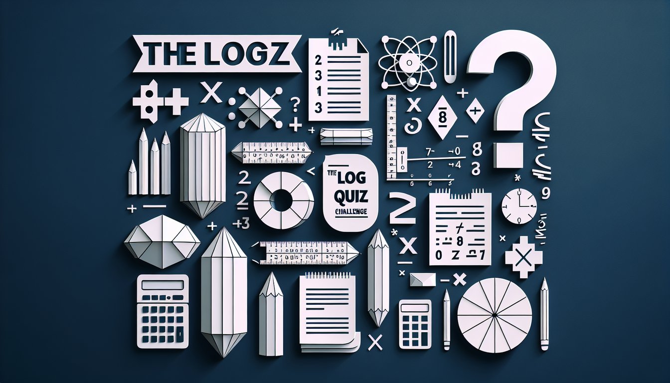 Colorful paper art promoting The Log Quiz Challenge, a high school-level math quiz on logarithms.