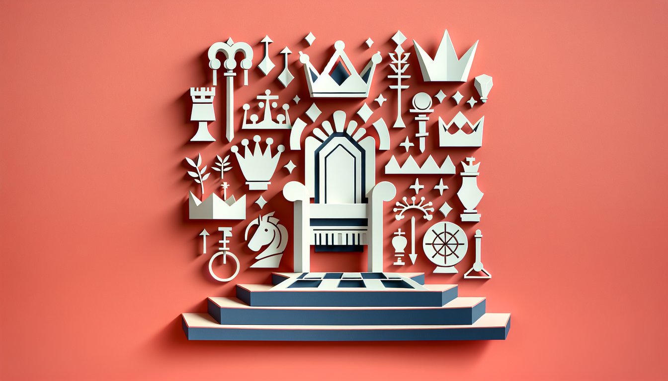 Paper cutout illustration of dictator silhouettes behind lectern microphone and flags on coral background