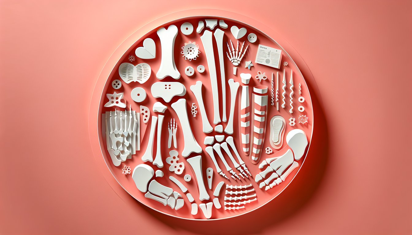 Paper art illustration for bone names quiz on a coral background