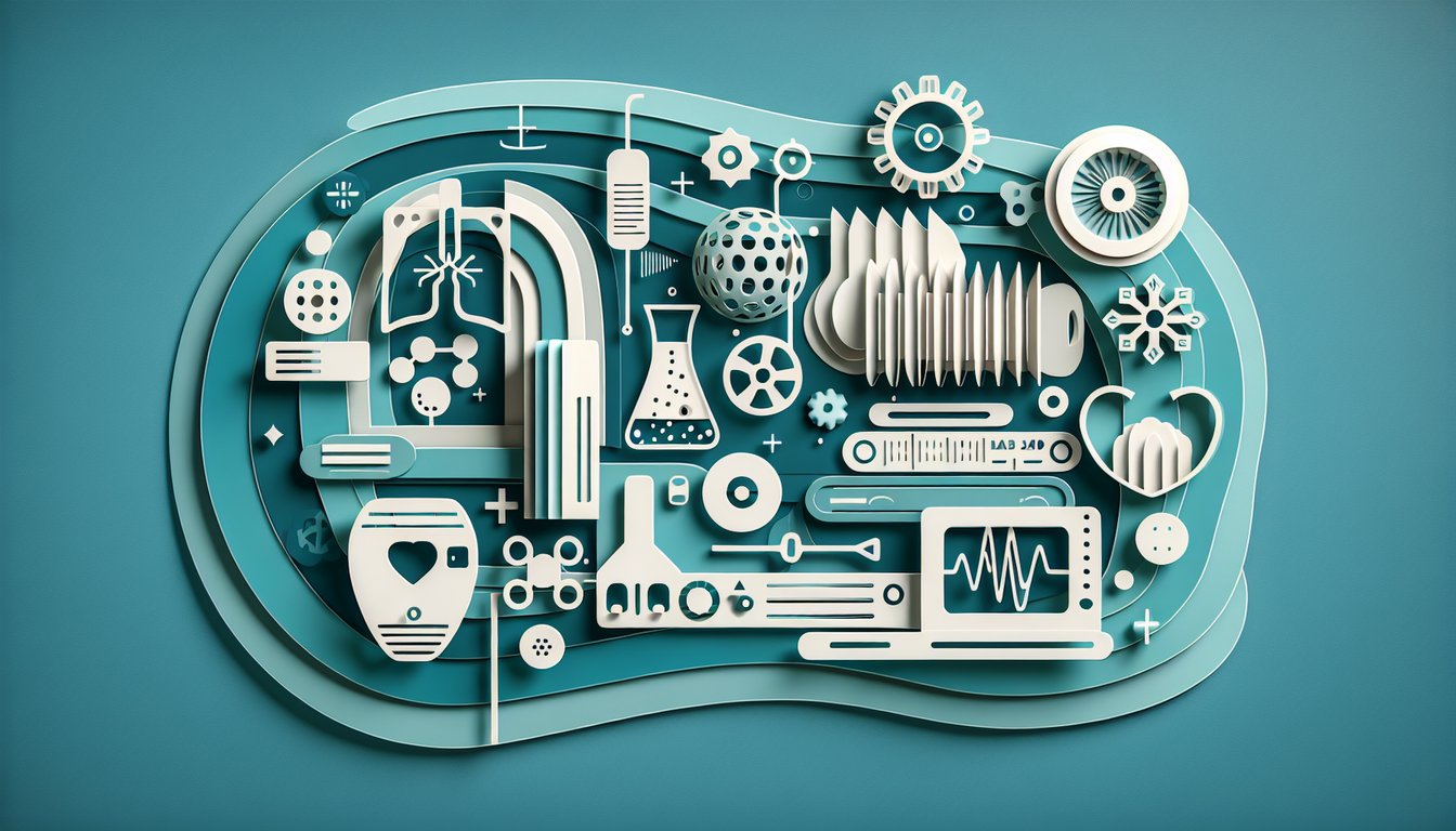 Paper art illustration of an X-ray quality control quiz interface with radiograph icons test markers on a teal background