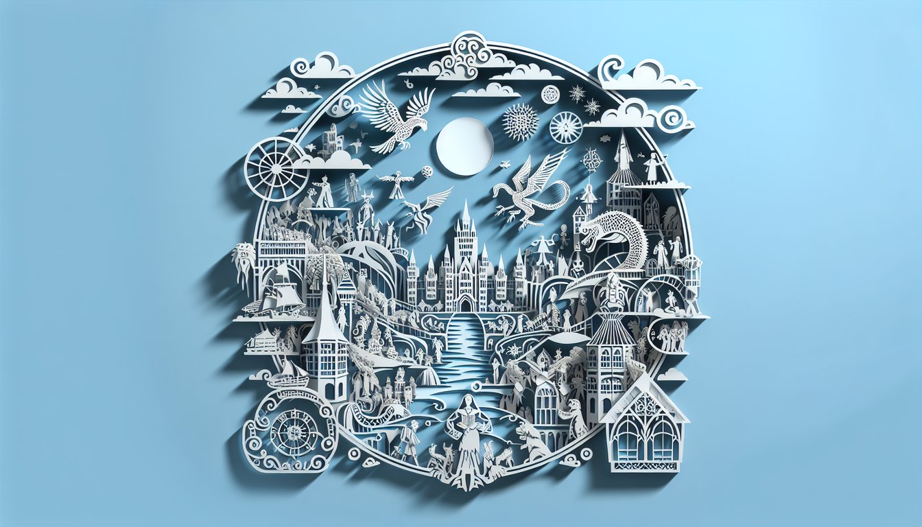 Paper cut style illustration of Happily Never After characters on sky blue background quiz challenge featuring Frieda
