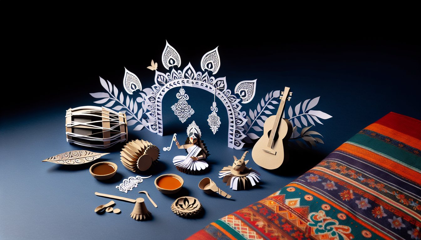 Colorful paper art displaying questions for Bengali General Knowledge Quiz.