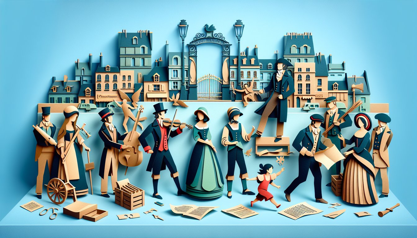 Paper art illustration of stylized Les Miserables characters on sky blue background for personality quiz promotion