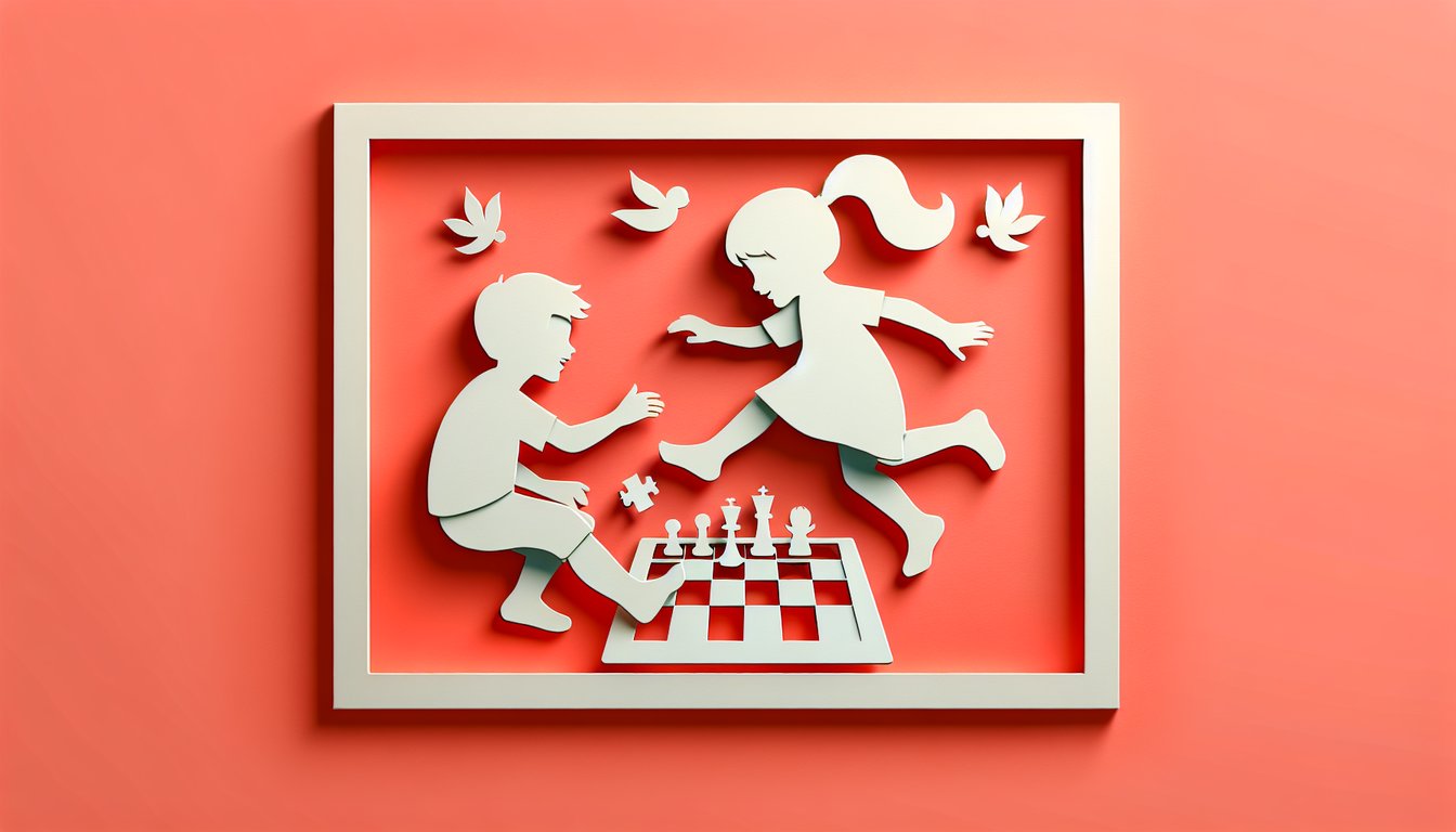 paper art style cutout of smiling siblings with playful shapes and question marks on a coral background