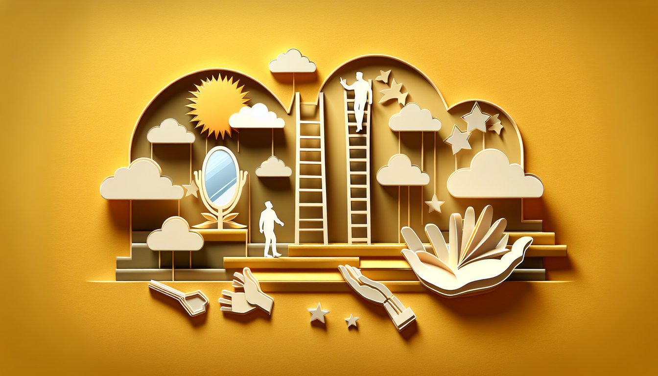 paper art scene shows male figure with floating hearts question marks and arrows on golden yellow background