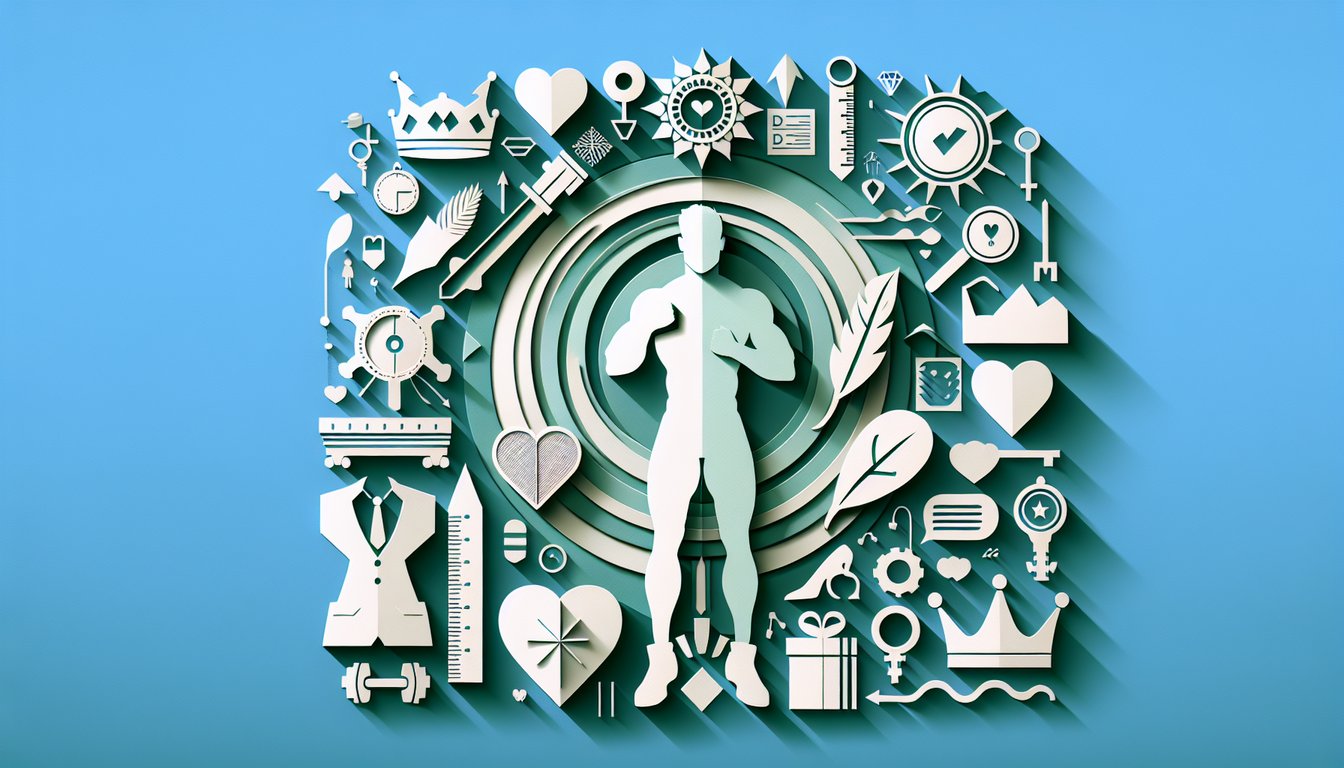 Paper art illustration for alpha male dating quiz on a teal background