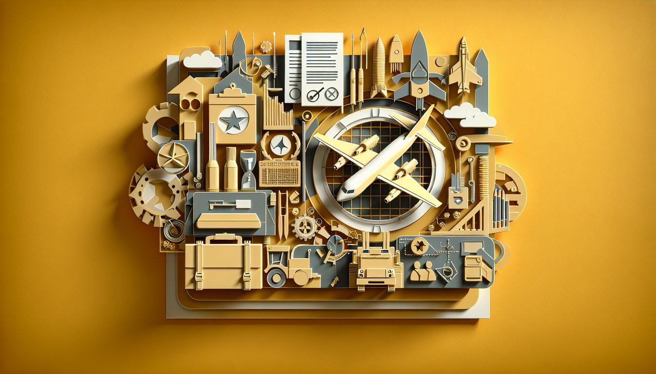 Paper art illustration of AFMAN 23-110 quiz testing Air Force materiel management knowledge on golden yellow background