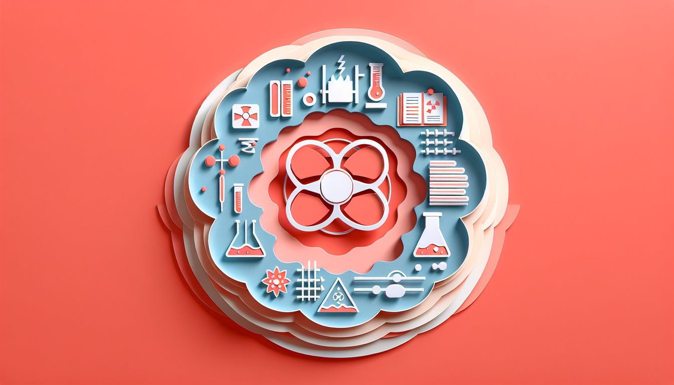 Paper art illustration of atom nucleus electron orbiting mass-energy symbol test tubes radioactive sign on coral background