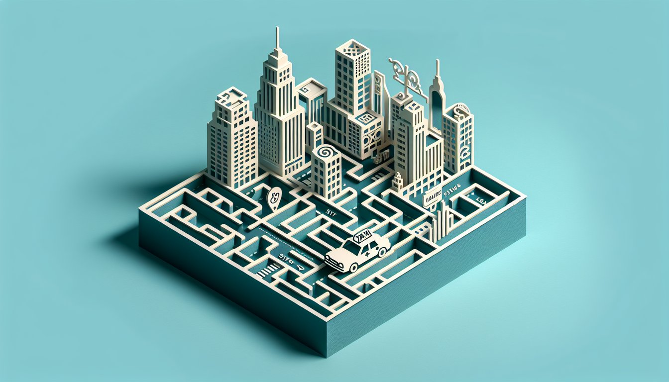 Paper art map of numbered Chicago streets and Laramie DMV icon on teal background for taxi exam geography quiz