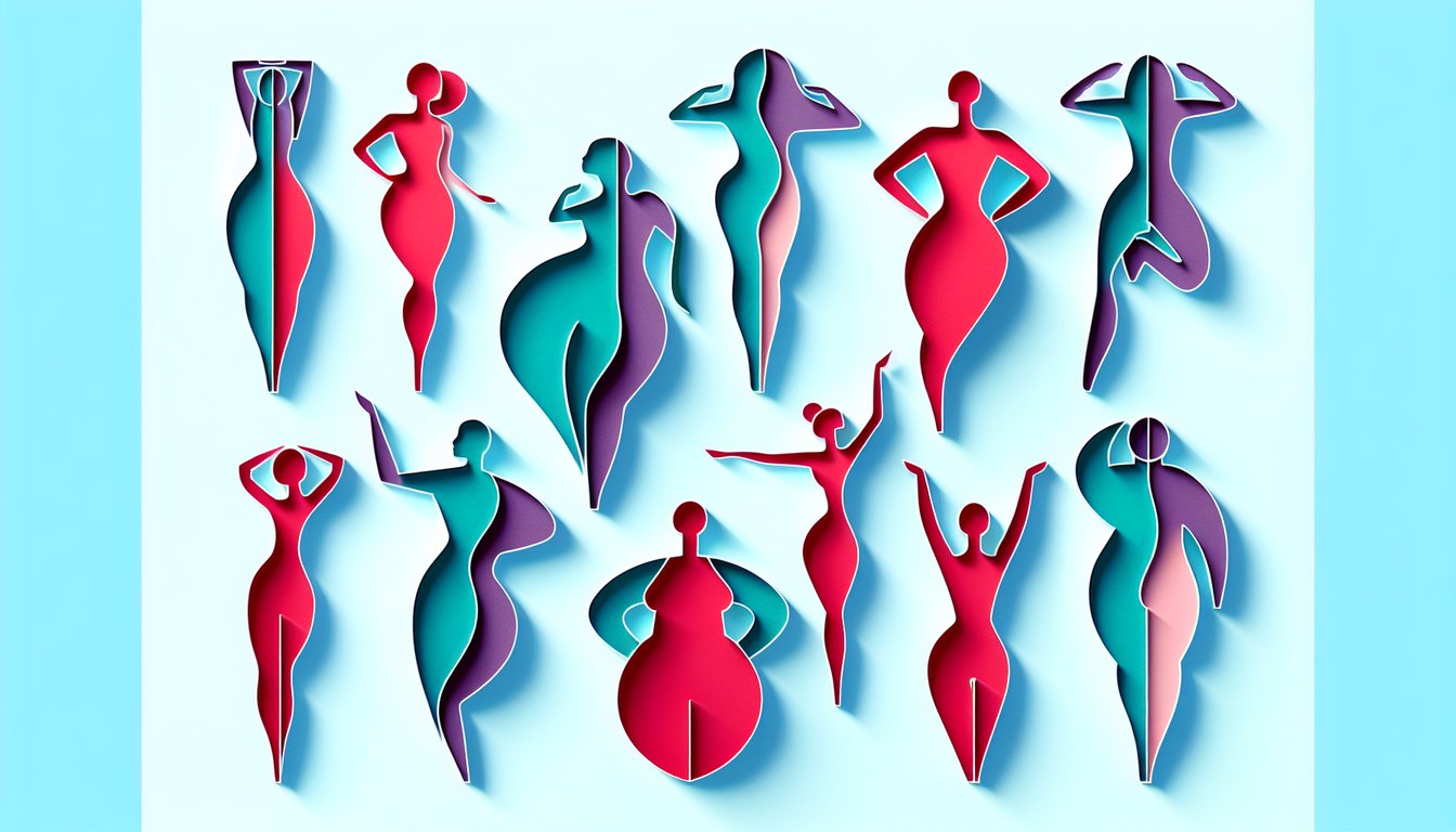 Paper art cutouts of diverse body shapes against a sky blue background for a body confidence quiz