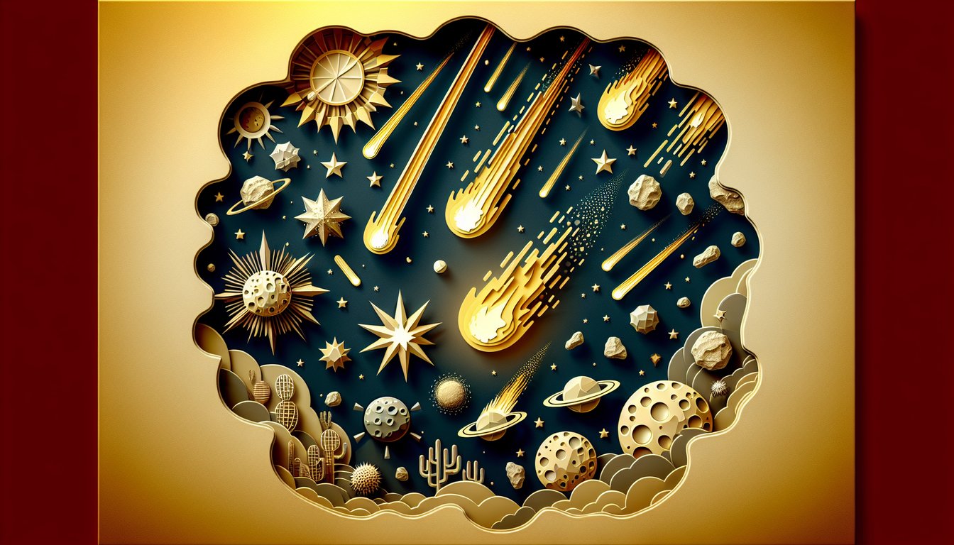 Paper art style depiction of meteors meteorites meteoroids, comets asteroids and quiz icons on a golden yellow background