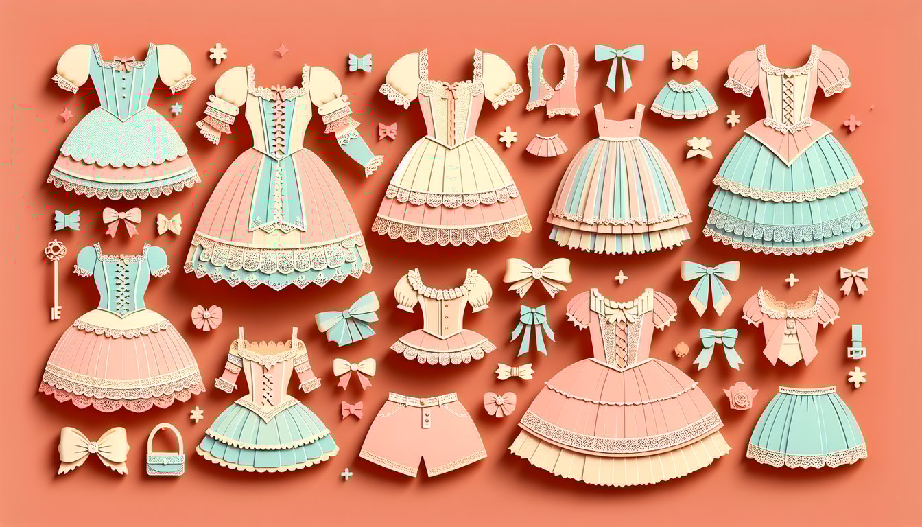 Paper art illustration with lolita dresses, bows, quiz title on coral background.