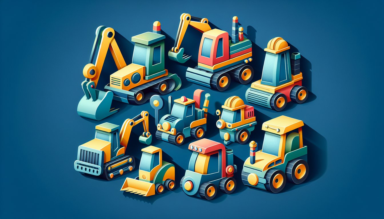 Paper cutout Bob the Builder trucks in bright colors around quiz title on dark blue background