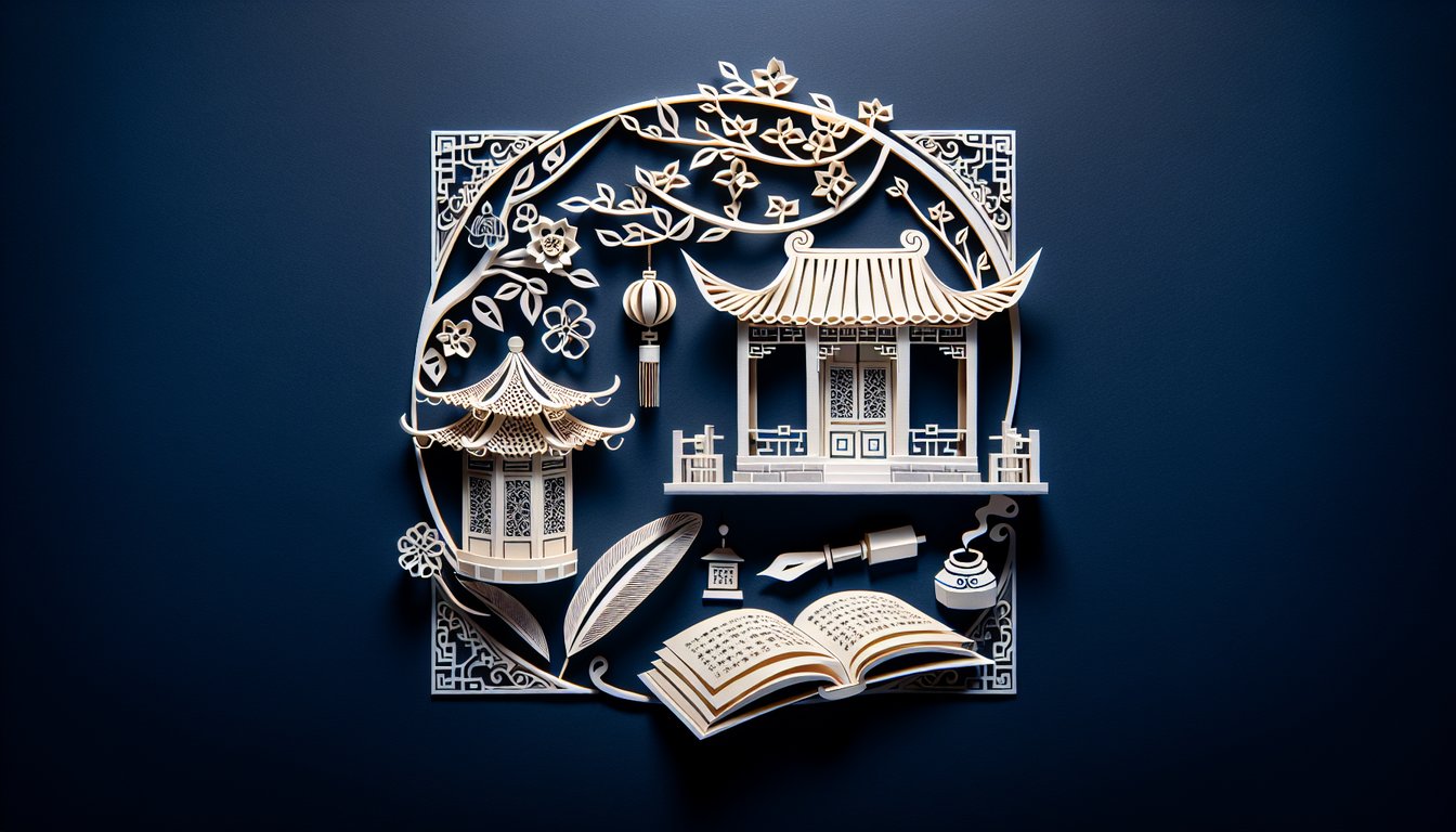 3D voxel art representing the Classical Chinese Lit course, showcasing high-quality design